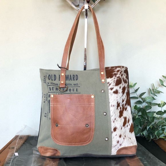 Handbags - Myra Bag Leather Pocket Tote Up-cycled Canvas NWT